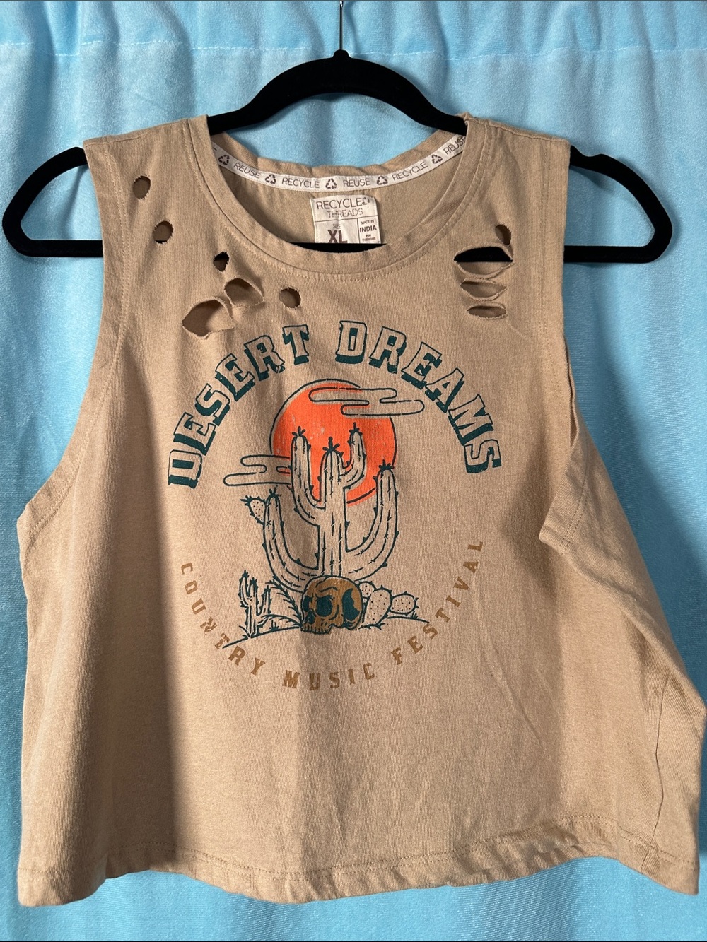 Recycled Threads Desert Dreams Crop Tank Top - Distressed- Tan